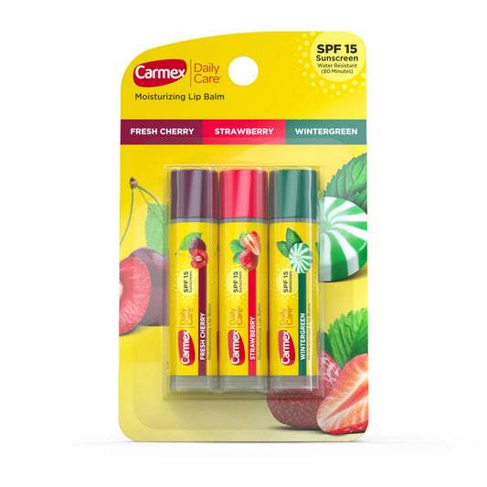 Carmex Daily Care SPF15 variety pack hero shot with three lip sticks for daily protection.