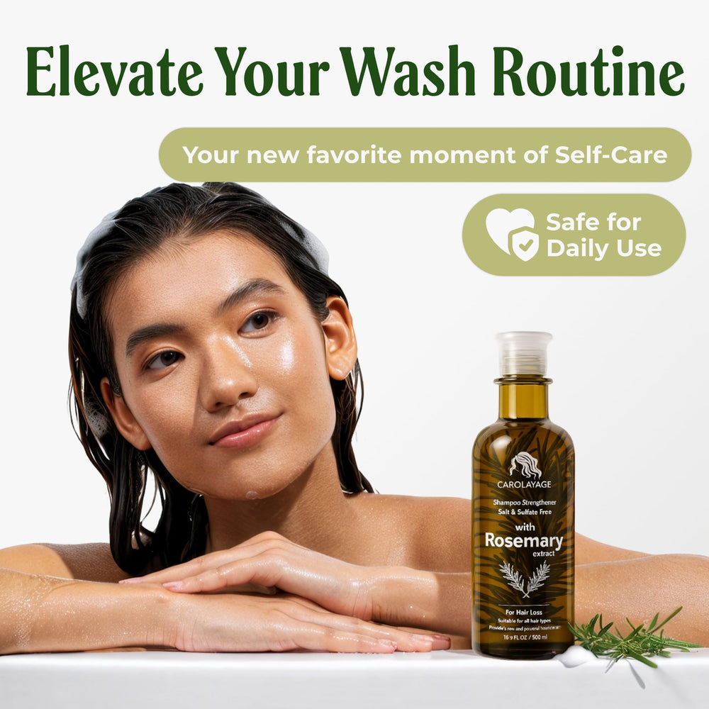 Carolayage Rosemary Shampoo scalp application scene illustrating potential revitalization