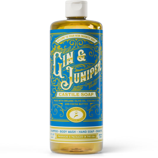 Carolina Castile Soap Gin & Juniper bottle shows premium organic base for gentle cleansing.