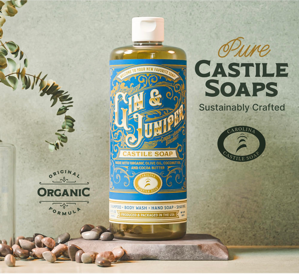 Carolina Castile Soap Gin & Juniper pour captures a smooth stream ideal for showers.
