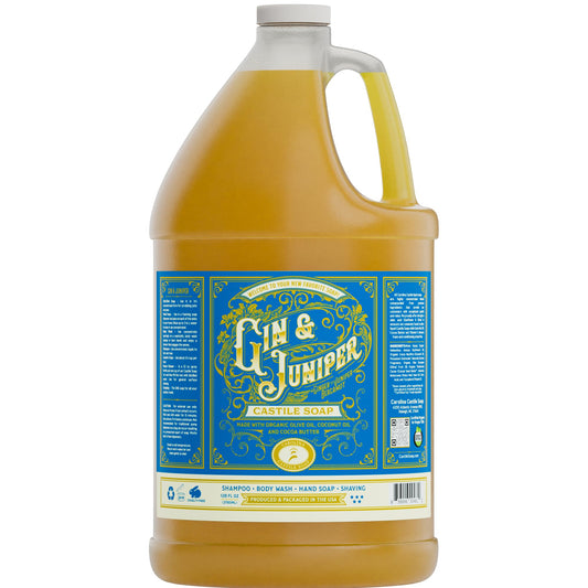 Carolina Castile Soap Gin & Juniper bottle offers a refreshing, aromatic cleanse.