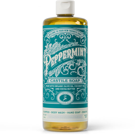 Carolina Castile Soap Peppermint bottle with pure organic base for gentle cleansing on sensitive skin