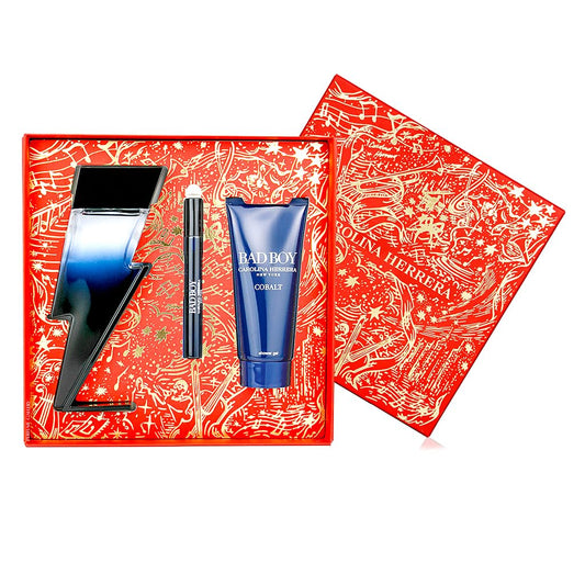 Carolina Herrera Bad Boy Cobalt EDP bottle with bold metallic cap for a rugged, refined aura.