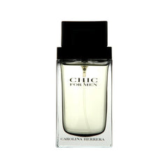 Carolina Herrera CHIC for Men bottle close-up emphasizing red-trim packaging and refined style.