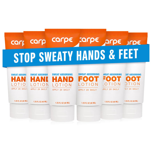 Carpe hand lotion tube close-up highlights fast-absorbing formula for dry hands.