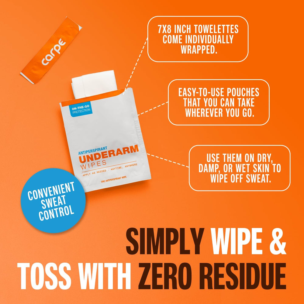 Large 7x9 inch Carpe wipe being used on skin to wipe away sweat.