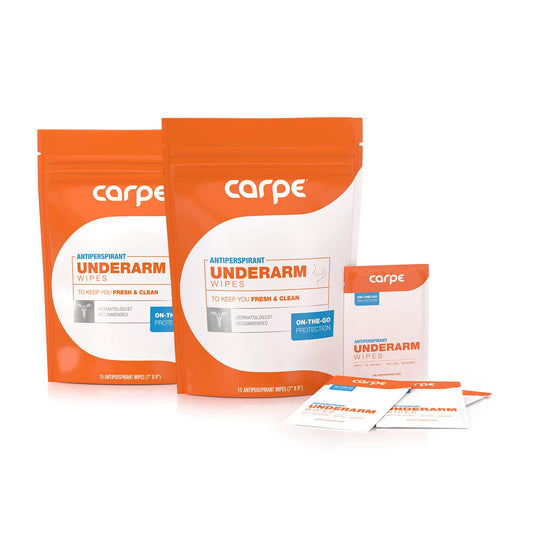 Carpe On-The-Go Wipes pack of 2 boxes shown for travel and daily use.