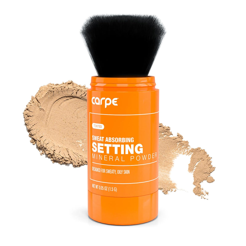 Carpe sweat-absorbing mineral powder jar for a matte, shine-free finish.