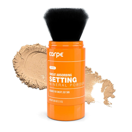 Carpe sweat-absorbing mineral powder jar for a matte, shine-free finish.
