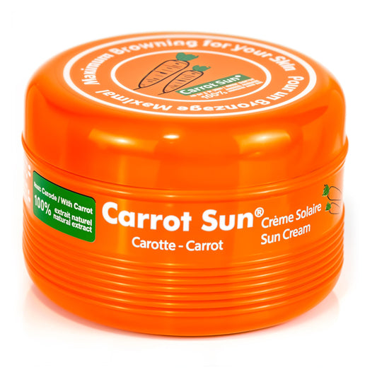 Carrot Sun tanning accelerator bottle pour for even coverage during sun exposure.