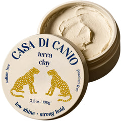 Casa Di Canio Terra Clay jar close-up, fragrance-free styling for all hair types.