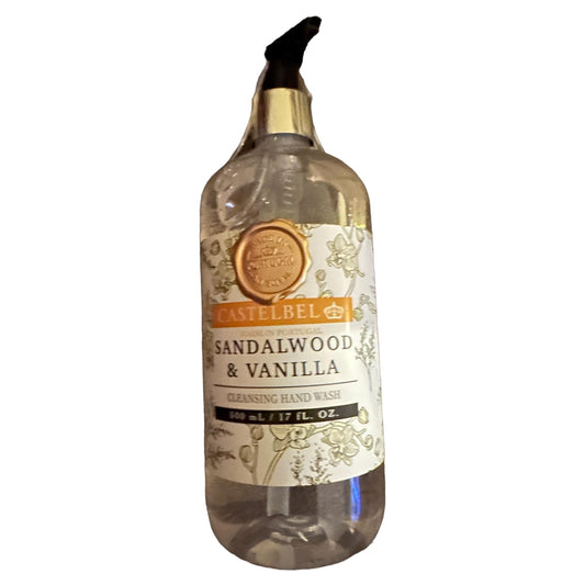 Castelbel Hand Wash Sandalwood Vanilla bottle highlights elegant packaging for bathroom decor.