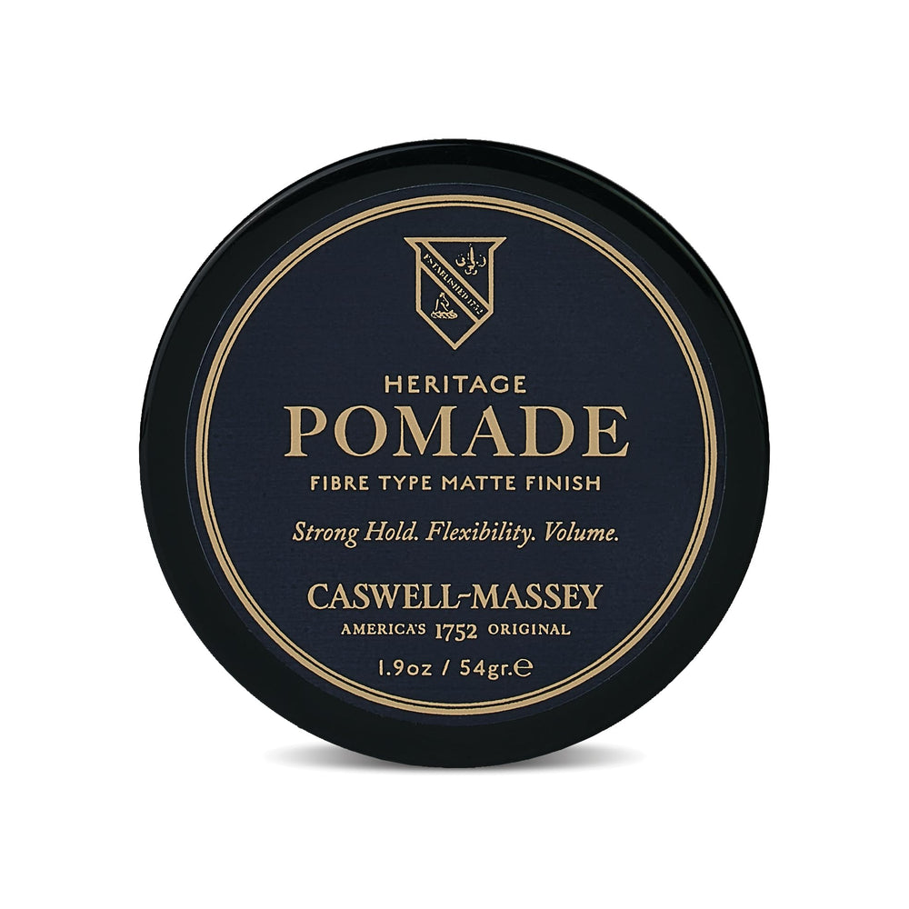 Caswell-Massey Fiber-Style pomade bottle shows natural matte finish for daily styling.