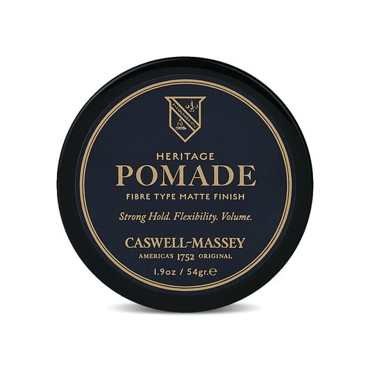 Caswell-Massey Fiber-Style pomade bottle shows natural matte finish for daily styling.