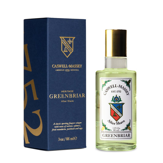 Caswell-Massey Greenbriar aftershave bottle with gold cap for refined grooming rituals