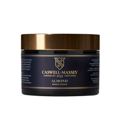 Caswell-Massey Heritage Almond Shave Cream bottle on shelf signals premium grooming.