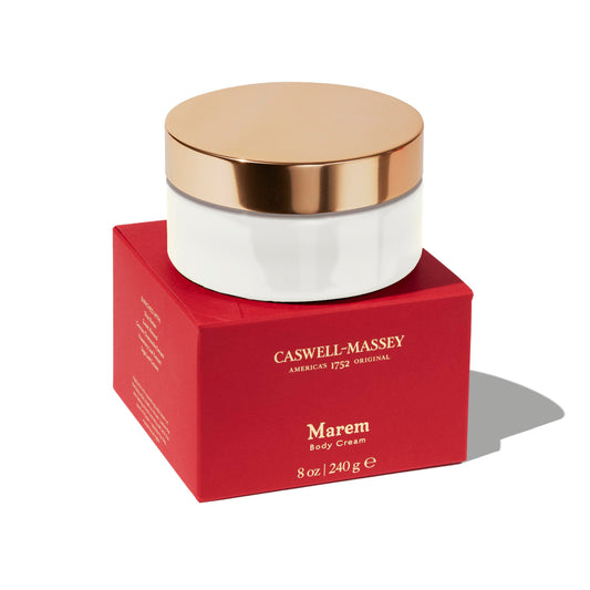Caswell-Massey Marem Body Cream jar demonstrates velvety hydration for soft skin.