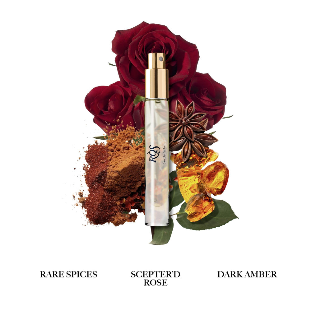 Caswell-Massey RÒS bottle closeup reveals warm amber tones and premium aura.