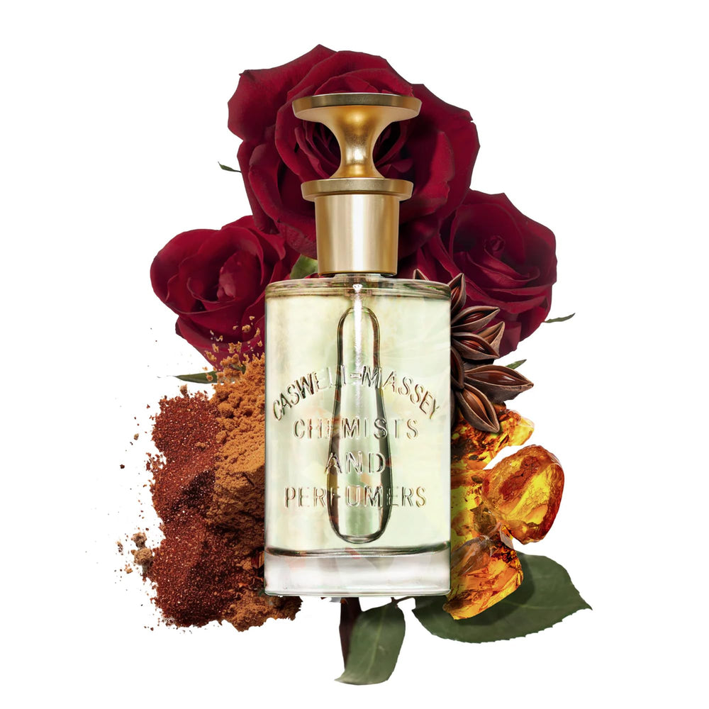 Caswell-Massey ROS EDP close-up, premium packaging and rose-forward aroma for refined evenings.