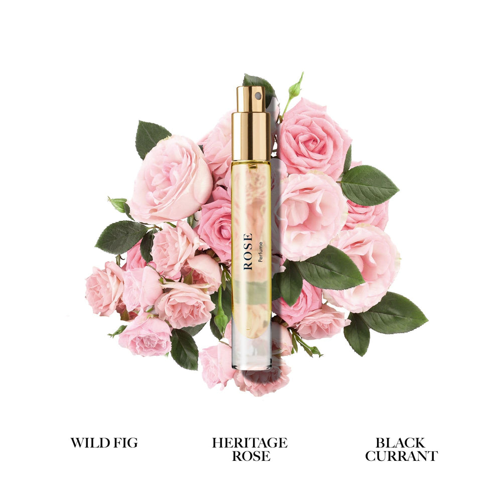 Caswell-Massey Rose Perfume close-up with rose bloom, highlighting floral notes.