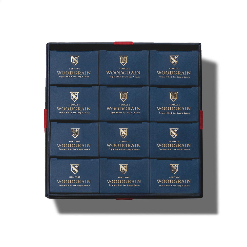 Caswell-Massey Woodgrain Sandalwood bars front view showing luxury packaging
