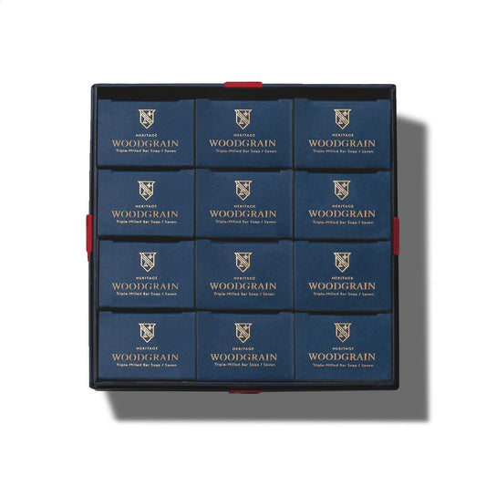 Caswell-Massey Woodgrain Sandalwood bars front view showing luxury packaging