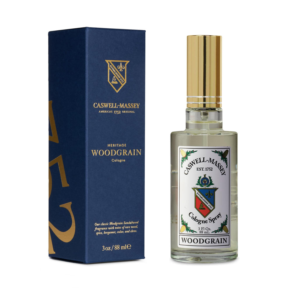 Caswell-Massey Woodgrain Sandalwood bottle with gold cap for refined fragrance