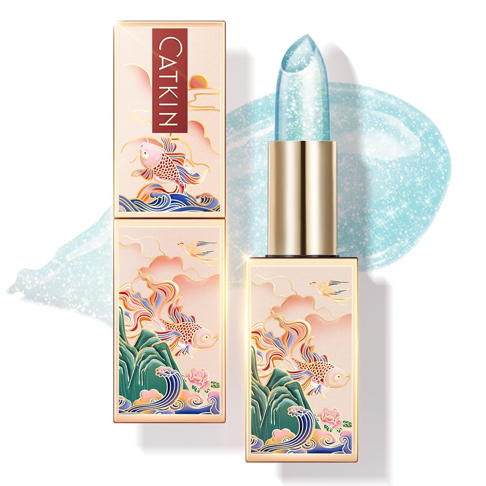 Catkin Mermaid lip balm in couture case with color-changing glow.