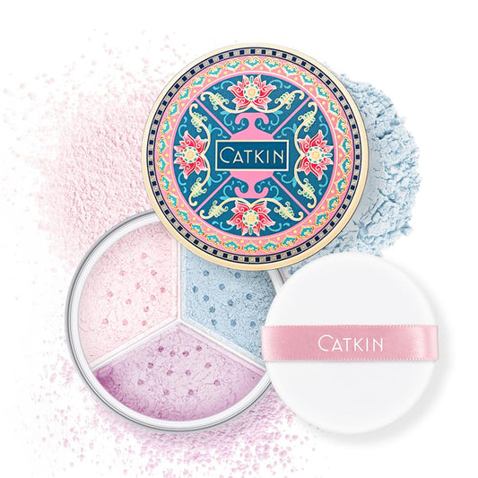 Catkin Loose Setting Powder pink tone application balances redness for a smoother base.