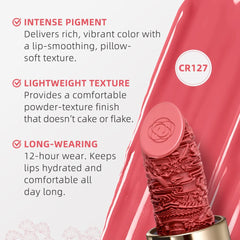 Catkin Moist Lipstick glide-on lips delivers smooth wear with a comfortable matte finish.