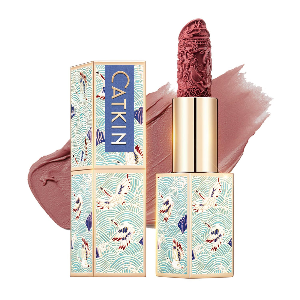 Catkin Moist Lipstick tube close-up displaying rich color payoff and smooth texture.