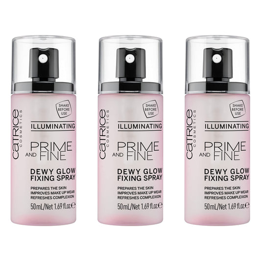 Catrice Prime & Fine Dewy Glow Spray three-pack bottle pour for quick priming.