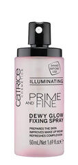 Catrice Prime & Fine Dewy Glow Spray transparent finish for natural radiance.