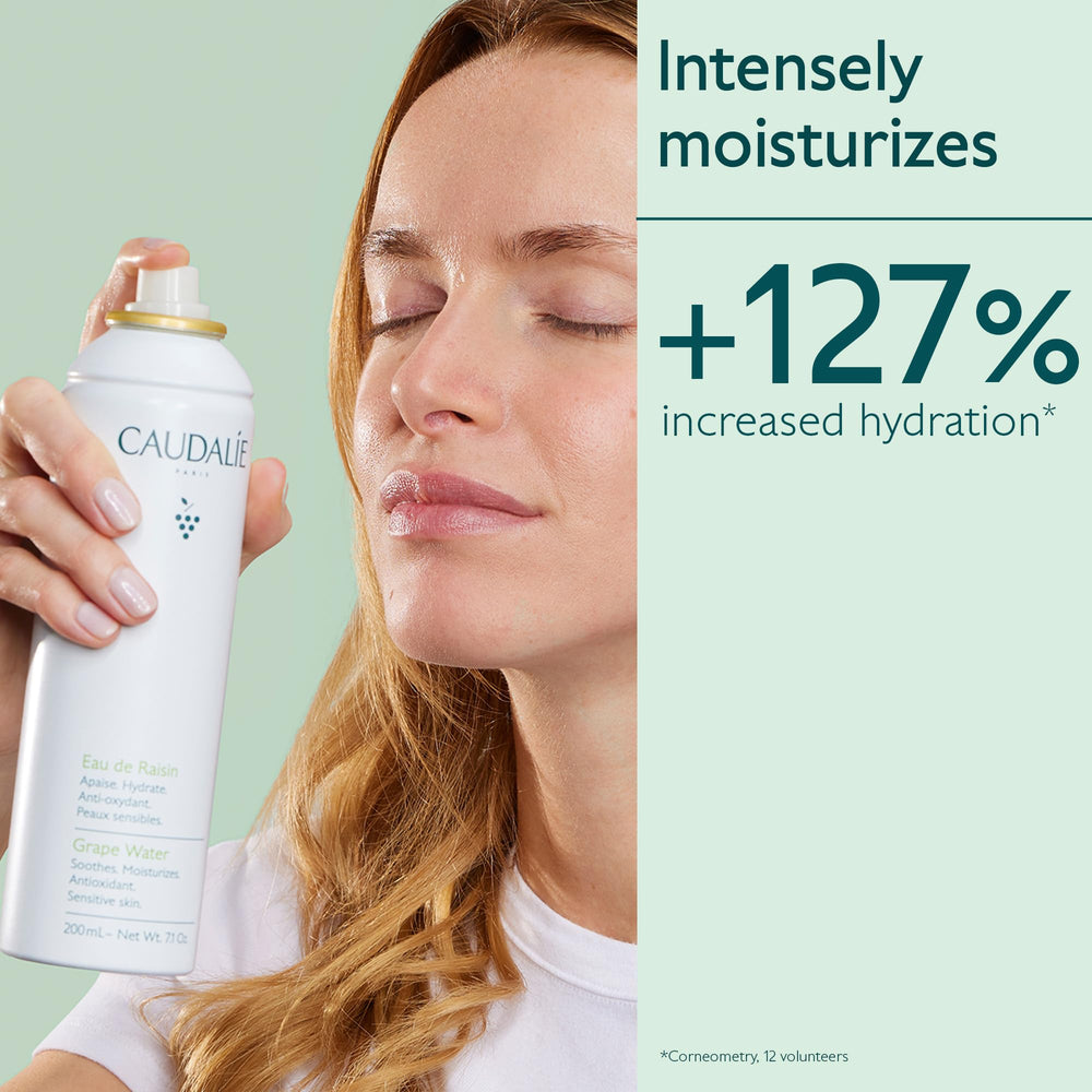 Caudalie Grape Water Mist spray application for quick skin refresh.