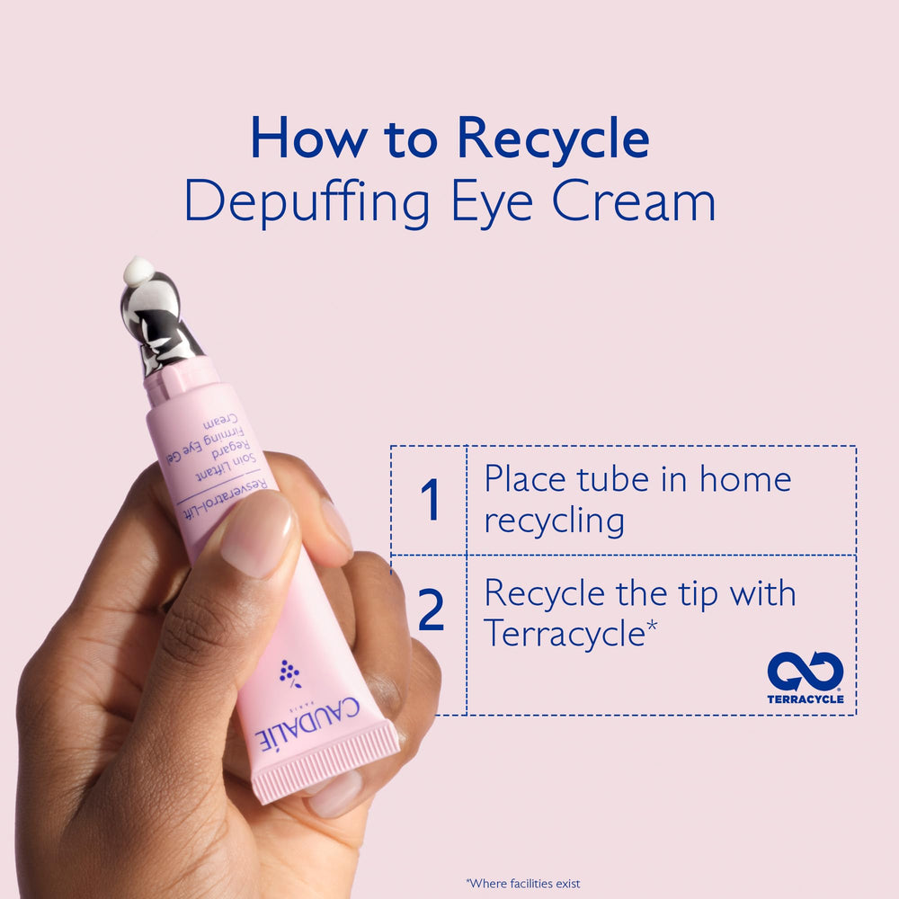 Caudalie Resveratrol-Lift eye gel packaging display showing compact 15 mL jar.