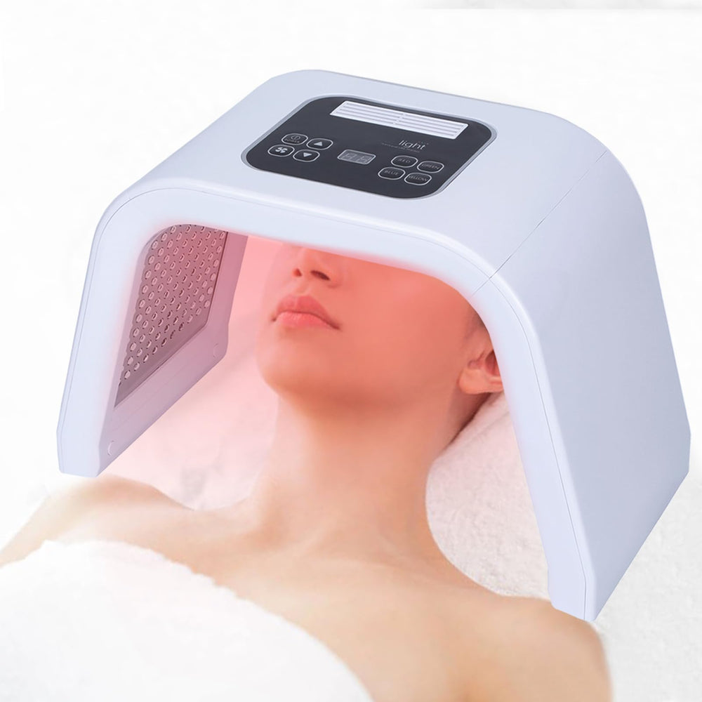 Caweiya LED face mask worn on the face during light therapy session