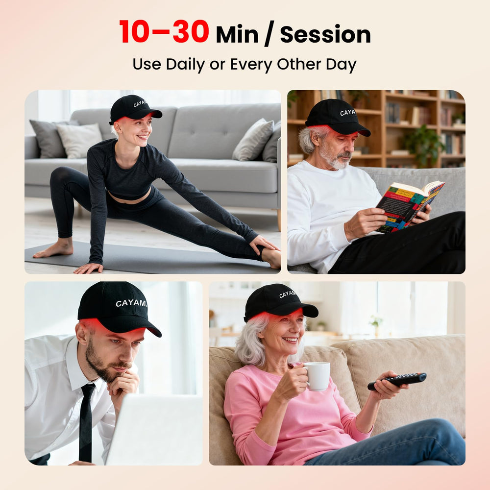 CAYAMA Red Light Hair Growth Cap shows an easy 10–30 minute session setup.