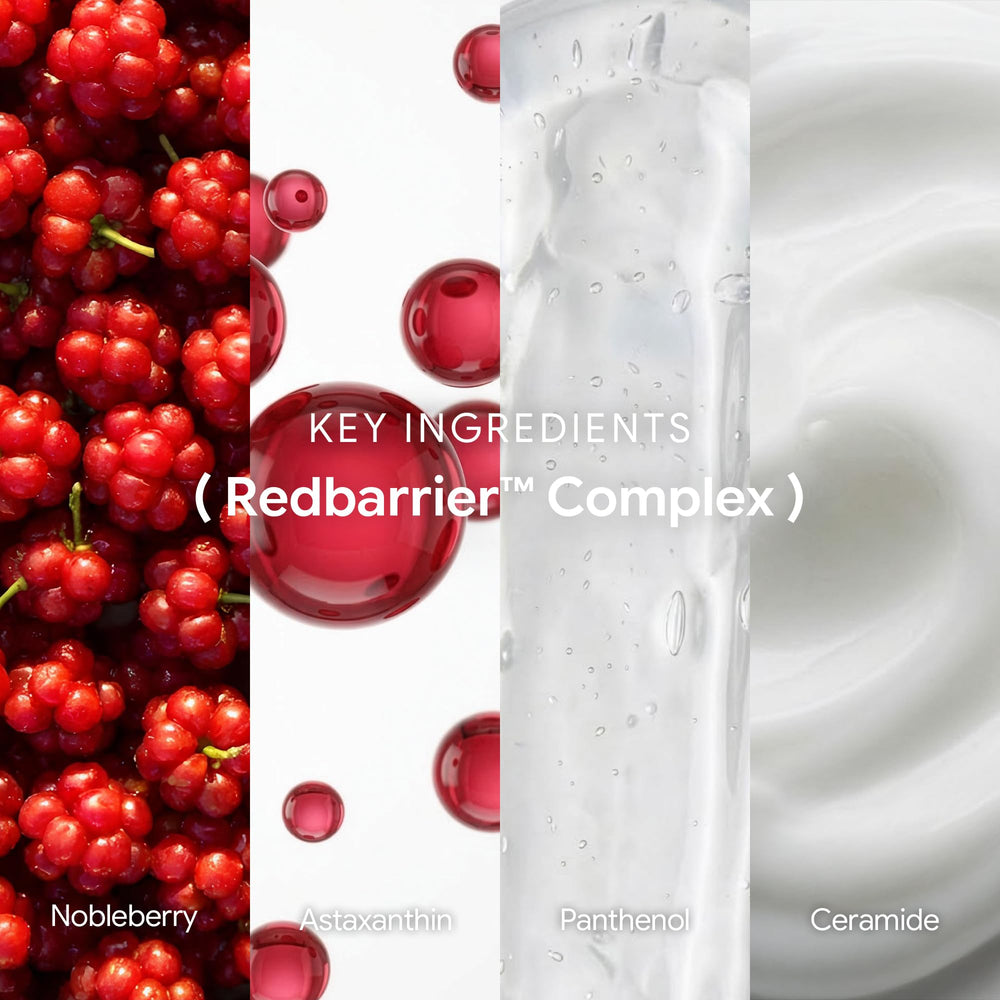 CAYCLLY Redbarrier Cream ingredients card features Ceramide and Nobleberry for skin resilience