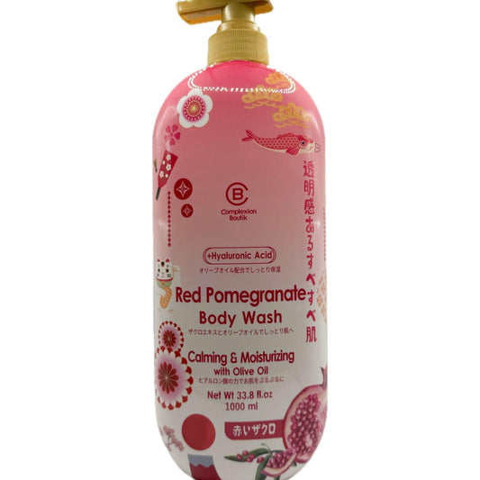 CB Complexion Boutik Red Pomegranate Body Wash bottle highlighting the hydrating formula for daily cleansing