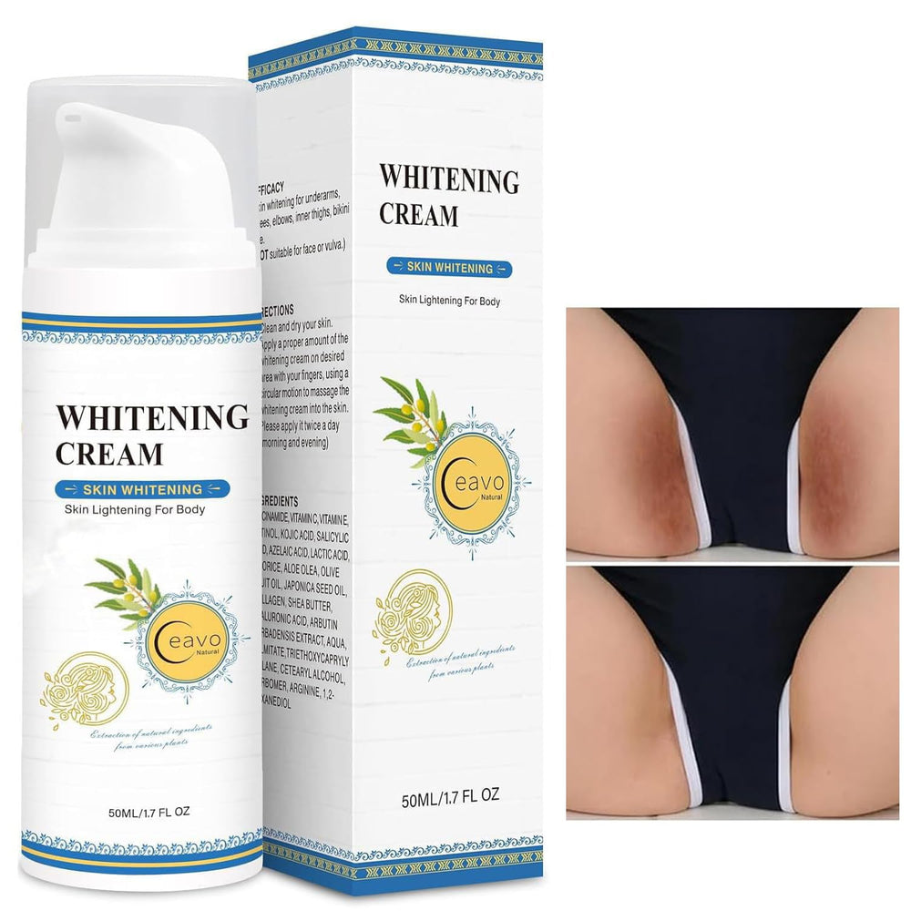 Ceavo Skin Whitening Cream bottle closeup showing a gentle formula for sensitive areas