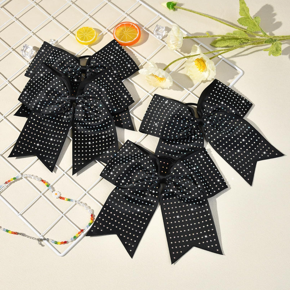 CEELGON 12-piece black glitter cheer bows elastic pony attachment for secure wear during practice.