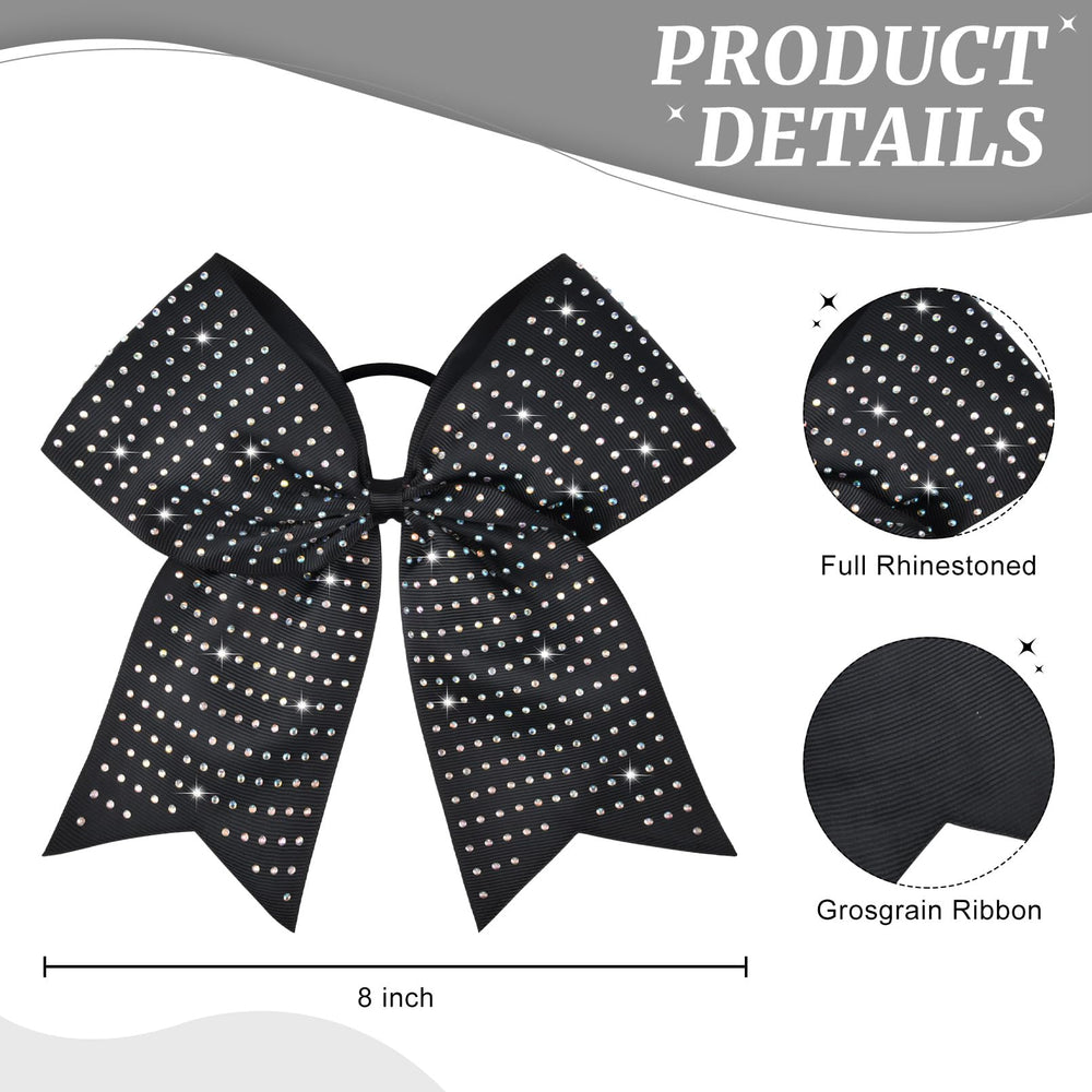 CEELGON 12-piece black glitter cheer bows close-up rhinestones show iridescence for eye-catching routines.