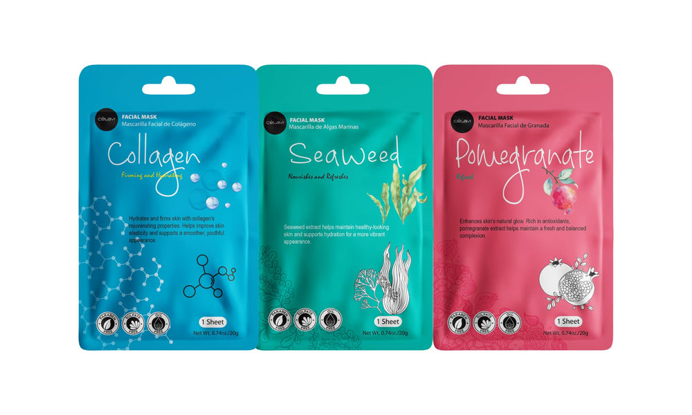 Celavi Essence mask variety sheets laid out for a pampering skincare routine