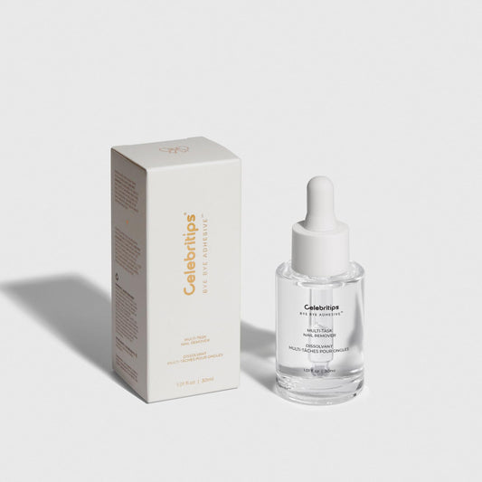Celebritips Bye Bye Adhesive remover bottle pour demonstrates gentle glue removal.