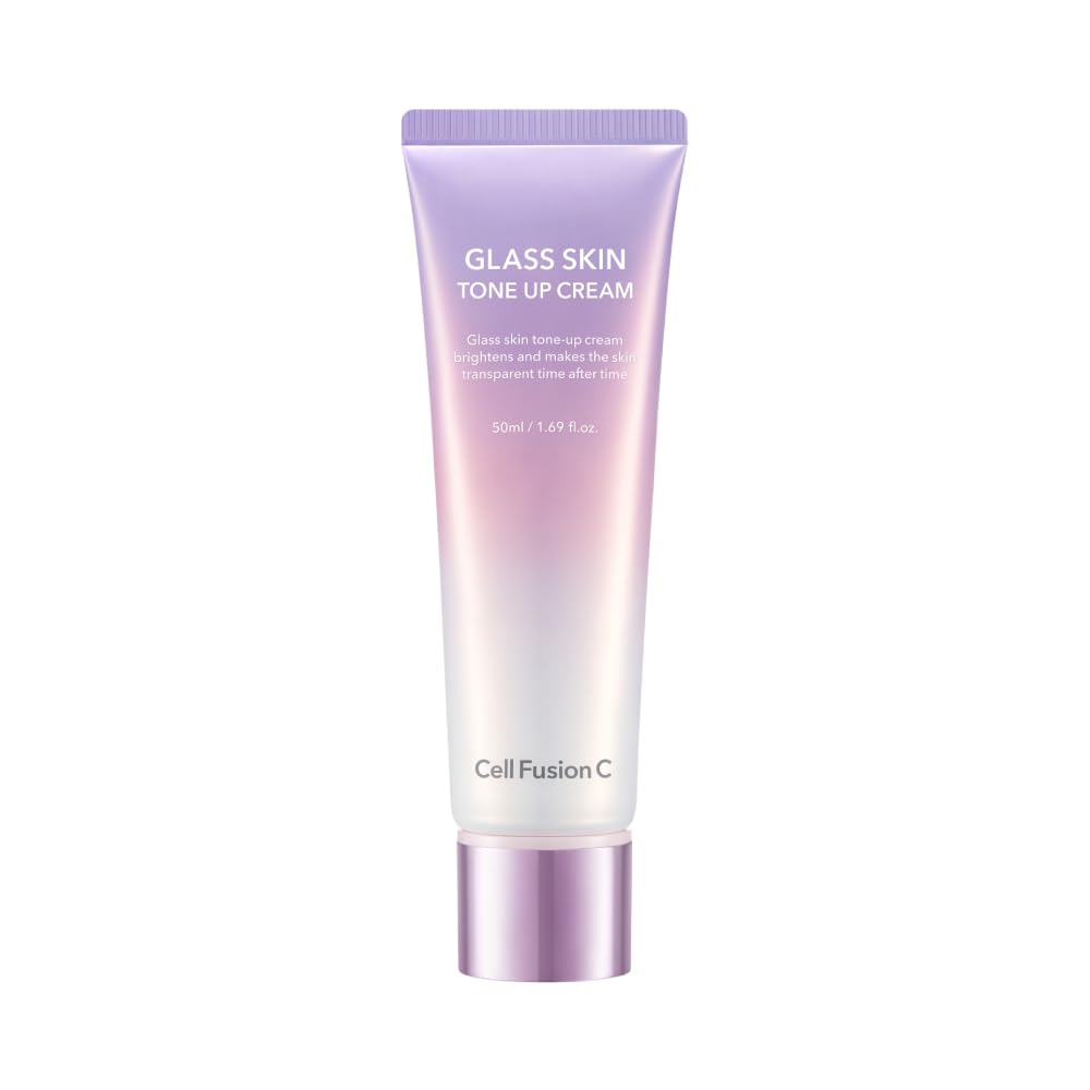 Cell Fusion C glass skin tone up cream bottle closeup highlighting radiant glow