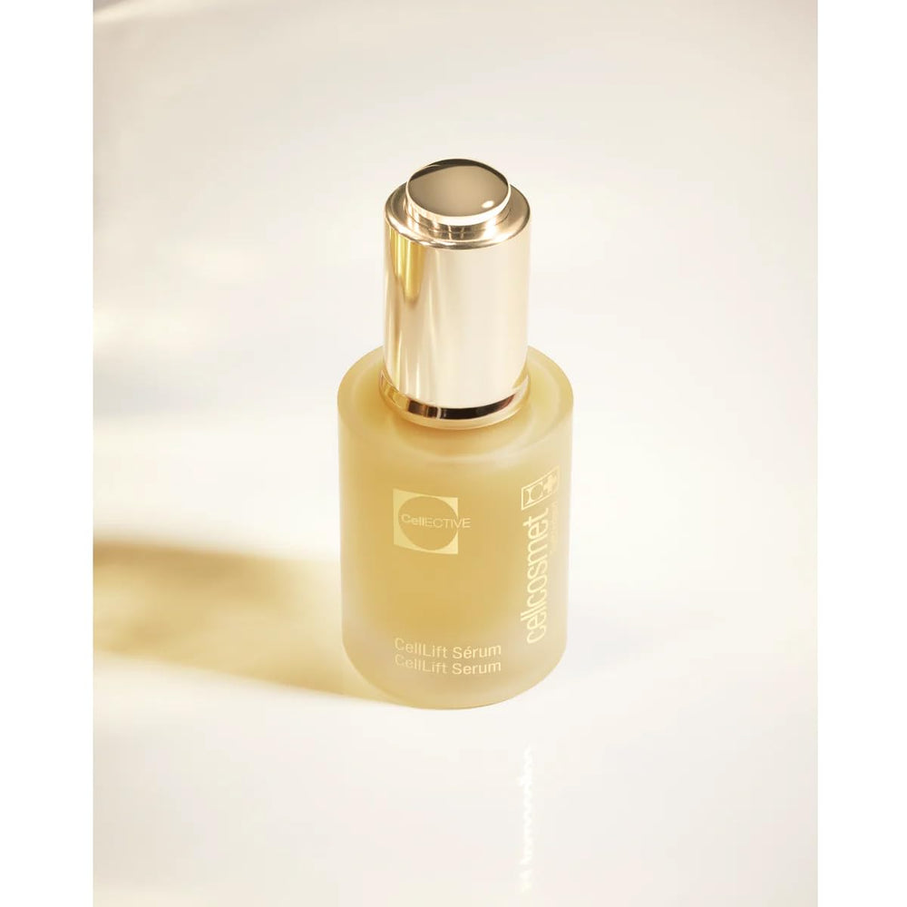 Texture close-up of CellLift Serum showing smoothing effect on skin.