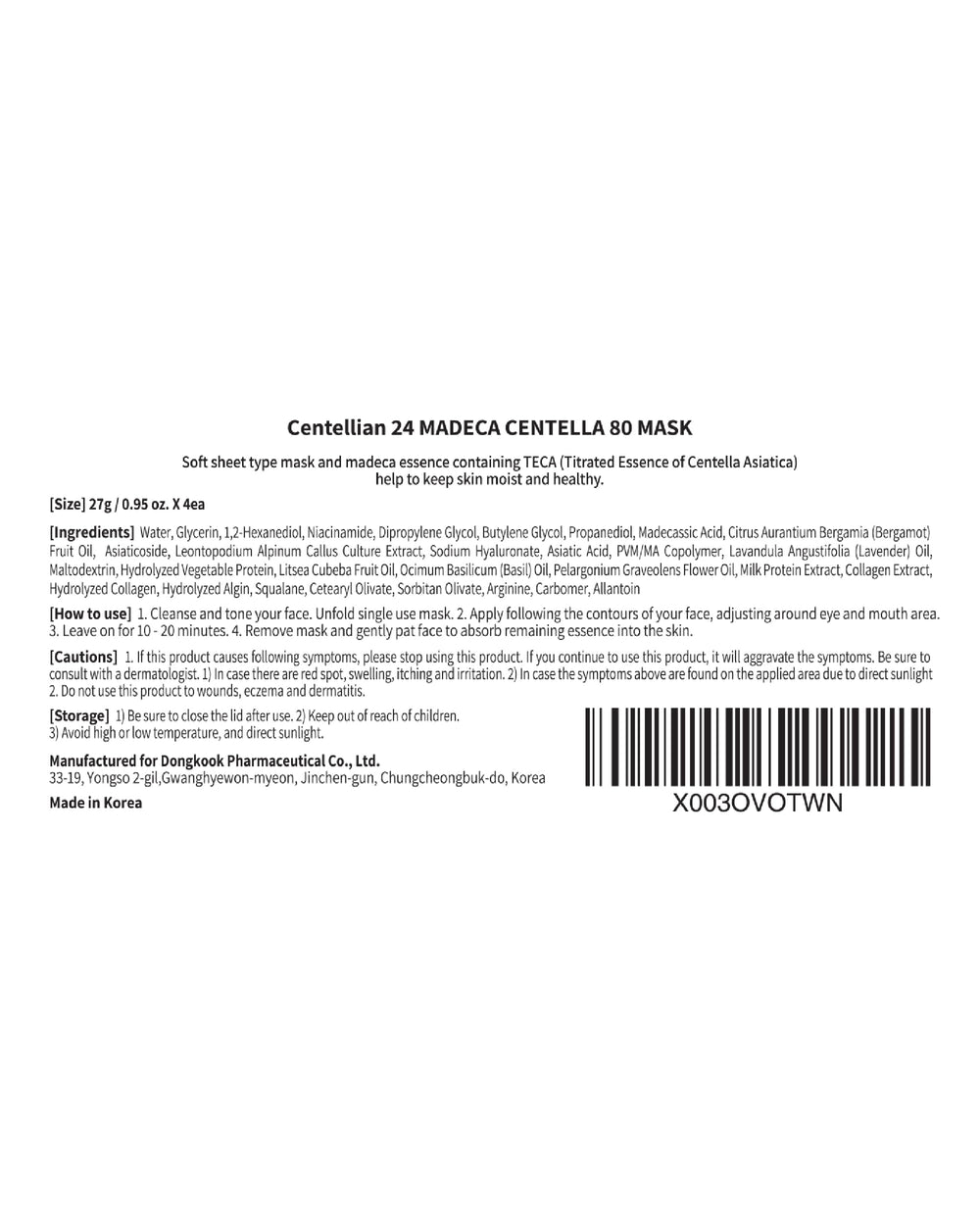 CENTELLIAN 24 Madeca Mask TECA centella extract focus for soothing routine