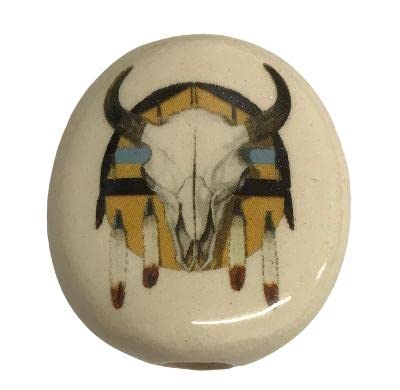 Ceramic Stone Cow Skull Medicine Shield Bead Necklace closeup shows hand-painted glaze and durability.