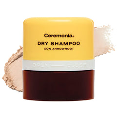 Ceremonia dry shampoo with arrowroot pouf, front view, for precise, mess-free application.