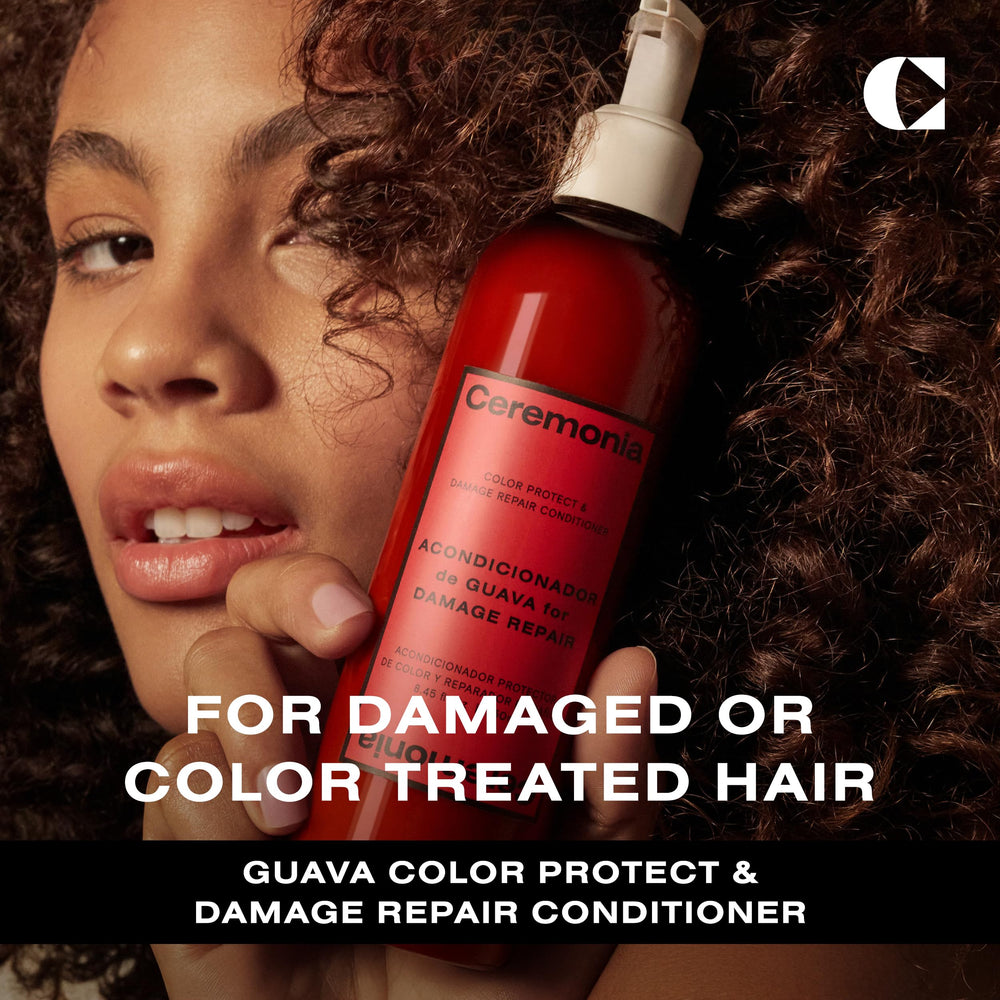 Ceremonia Guava Protect & Repair conditioner bottle back highlights color protection features